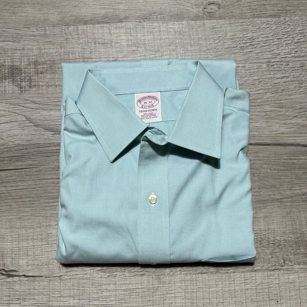 Brooks Brothers Dress Shirt Mens 16-32 Aqua Microcheck EUC